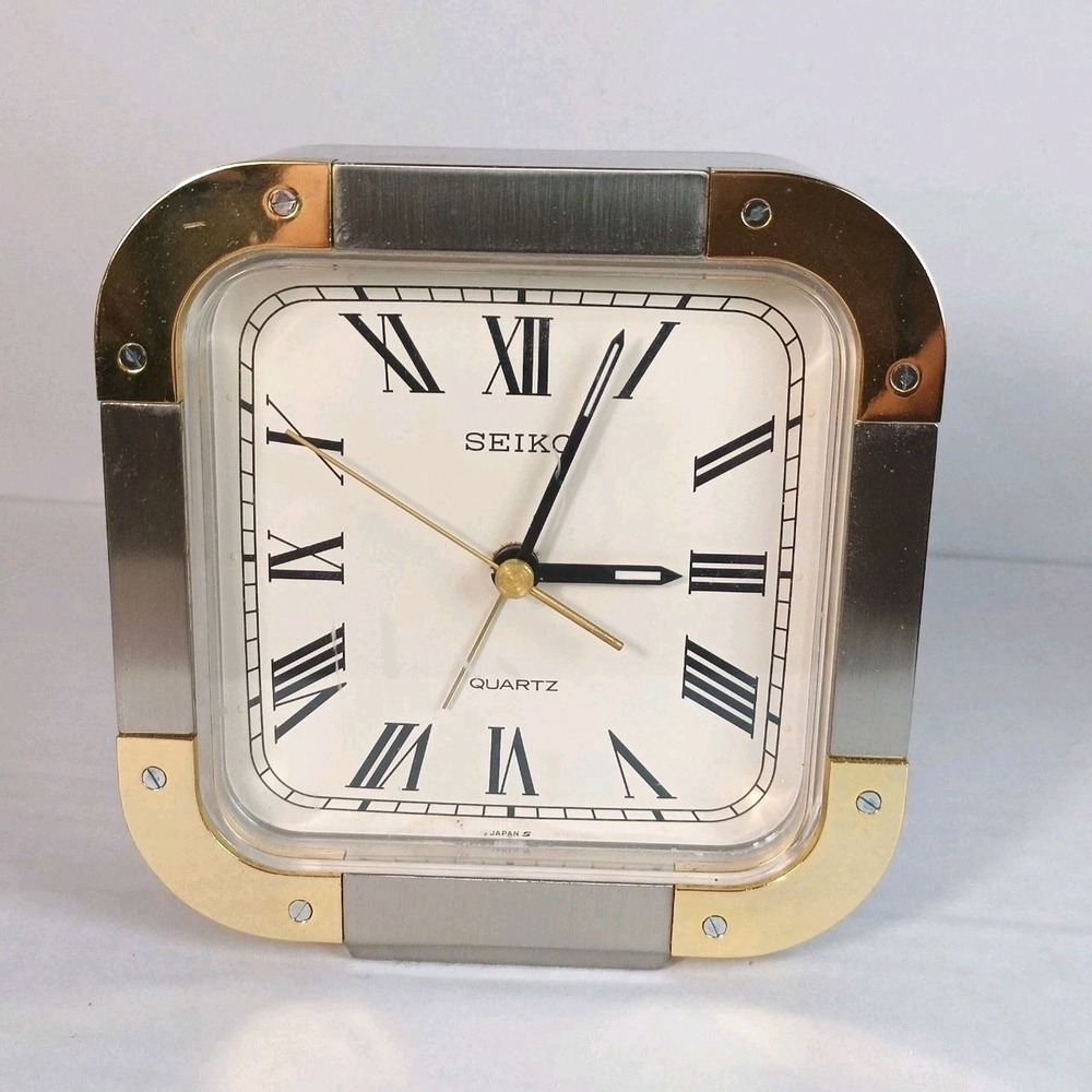 Vintage Seiko Quartz Alarm Desk Clock Two-Tone Roman Numeral Ref QQP275S Working